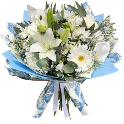 Ramo de flores de estacion blancas con papel coreano 